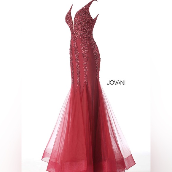 Jovani Burgundy Beaded Prom Dress